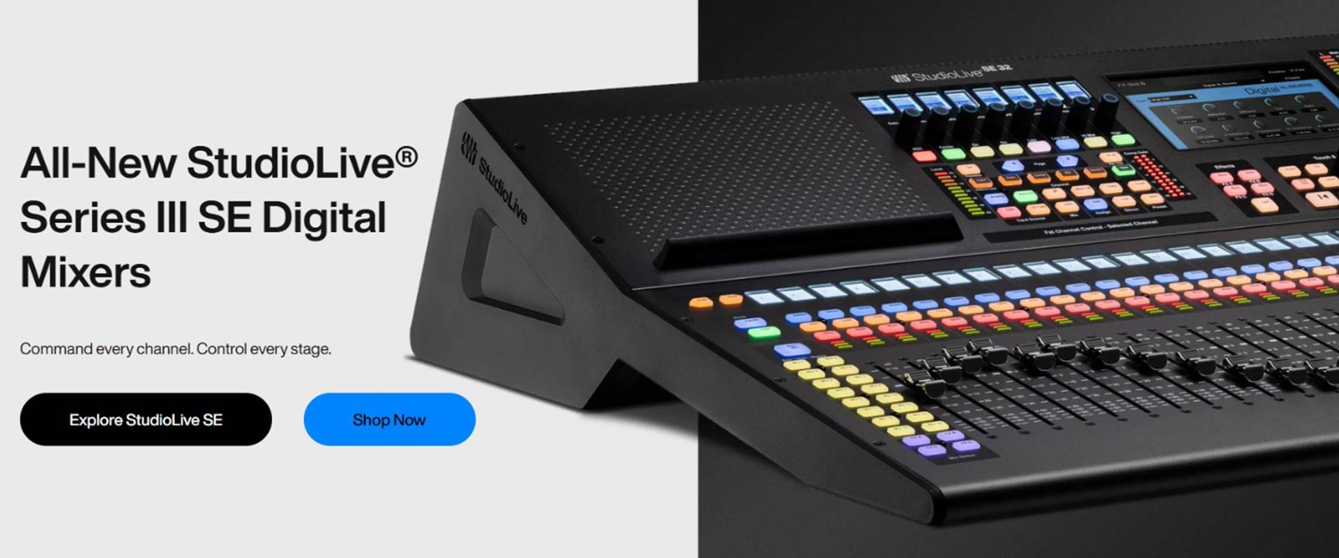 Home 7 Presonus StudioLive Series III SE digital mixer with sleek silver finish, featuring motorized faders, intuitive touchscreen, and illuminated control knobs for professional audio mixing