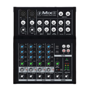 6-input Desktop Mixer with 2 Microphone Preamplifiers, 2 Stereo Channels, 3-band Equalizers, 1 Aux, Tape I/O, and Separate Volume and Headphone Levels