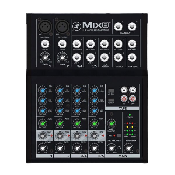 6-input Desktop Mixer with 2 Microphone Preamplifiers, 2 Stereo Channels, 3-band Equalizers, 1 Aux, Tape I/O, and Separate Volume and Headphone Levels