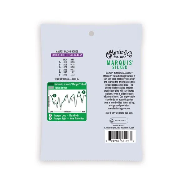 Martin MA175S Authentic Acoustic Marquis Silked 80/20 Bronze Guitar Strings - .011-.052 Custom Light