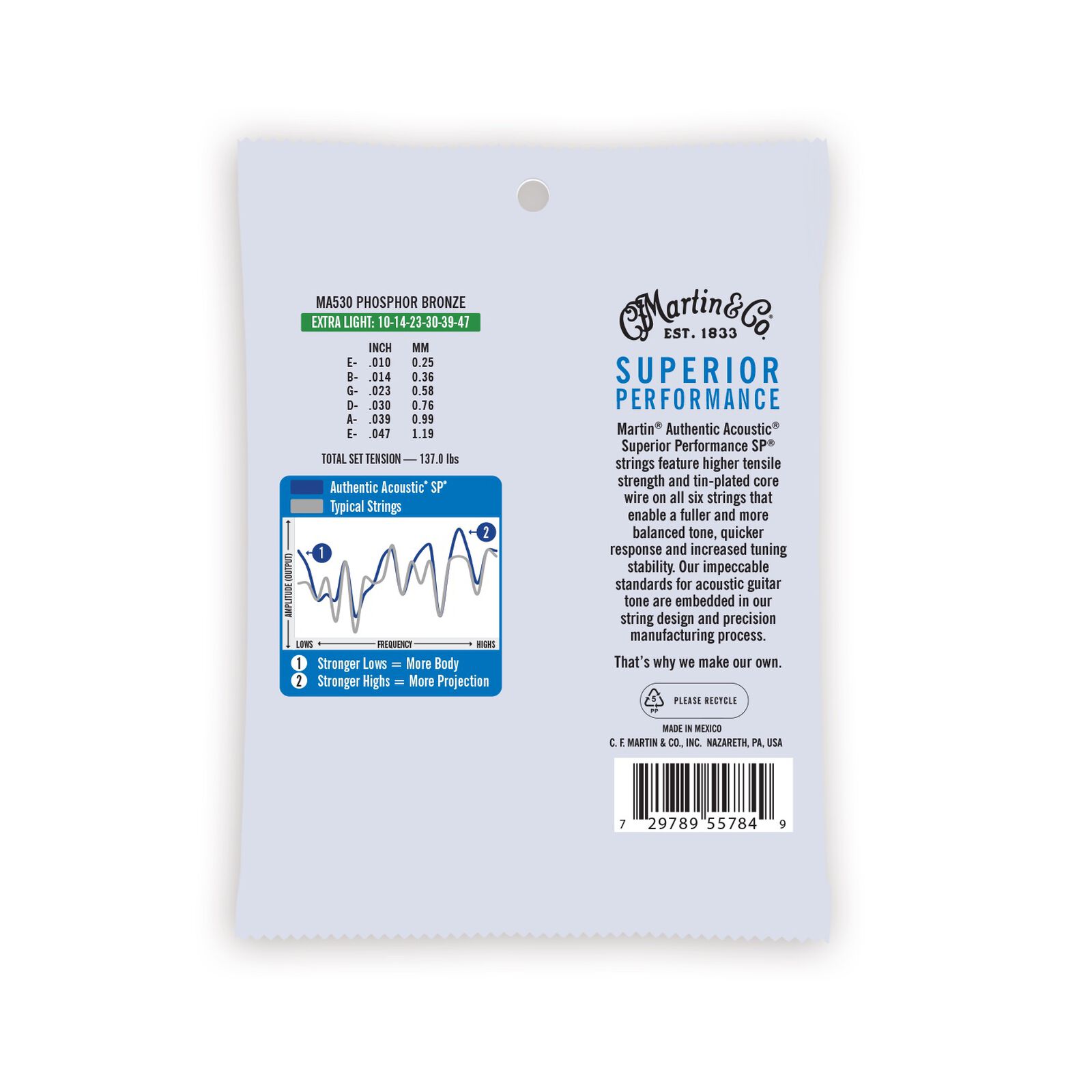 Martin MA530 Authentic Acoustic Superior Performance 92/8 Phosphor Bronze Guitar Strings - .010-.047 Extra Light