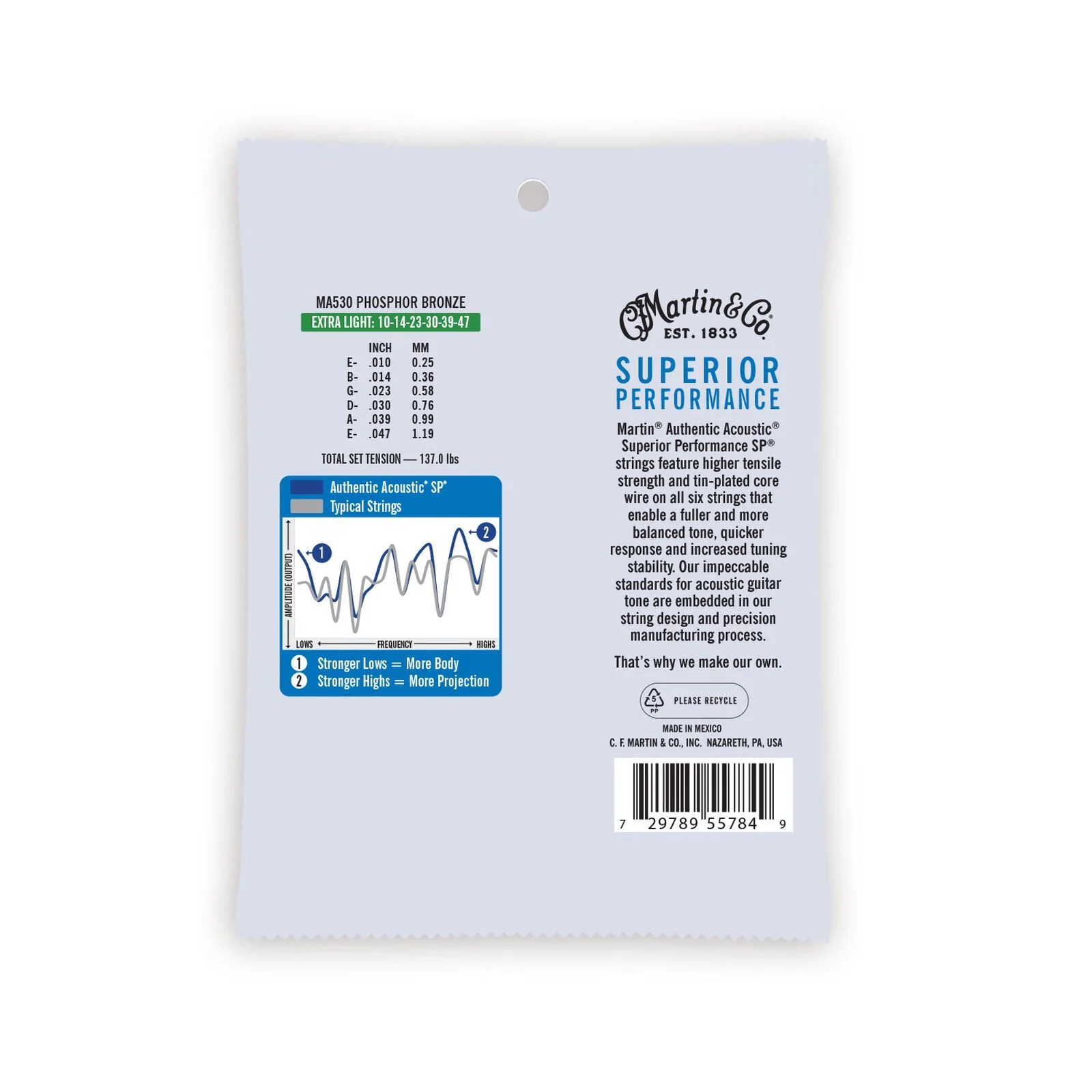 Martin MA530 Authentic Acoustic Superior Performance 92/8 Phosphor Bronze Guitar Strings - .010-.047 Extra Light