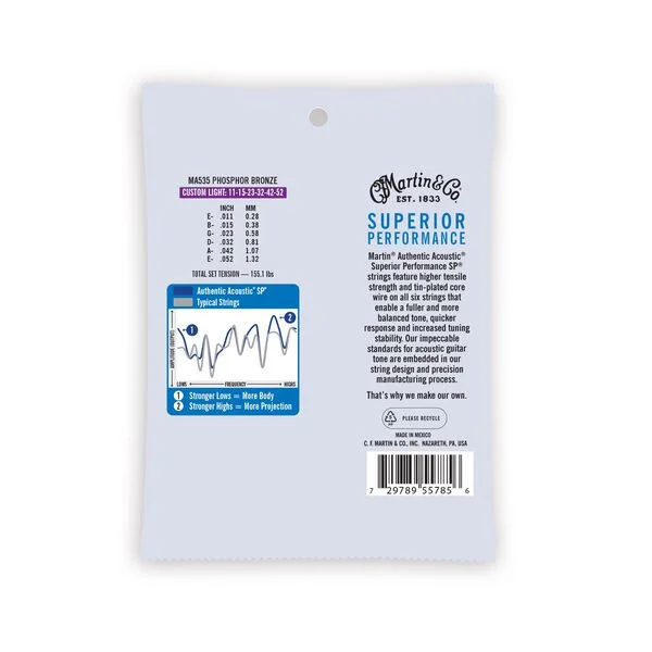 Martin MA535 Authentic Acoustic Superior Performance 92/8 Phosphor Bronze Guitar Strings - .011-.052 Custom Light