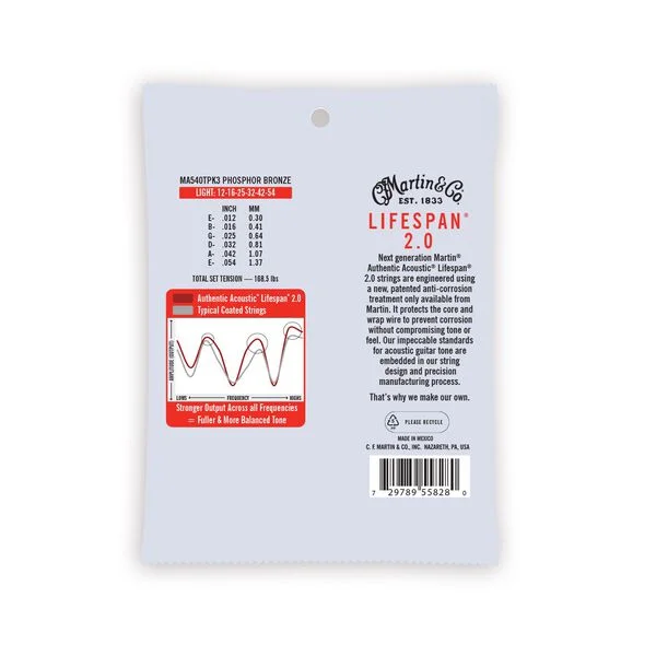 Martin MA540T Bundle Pack of 3 Authentic Acoustic Lifespan 2.0 Treated 92/8 Phosphor Bronze Guitar Strings - .012-.054 Light