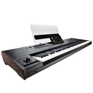 Korg Pa5X 76-key professional arranger keyboard with full-sized keys, sleek metallic finish, large touchscreen display, and illuminated control buttons, designed for live performance and studio use
