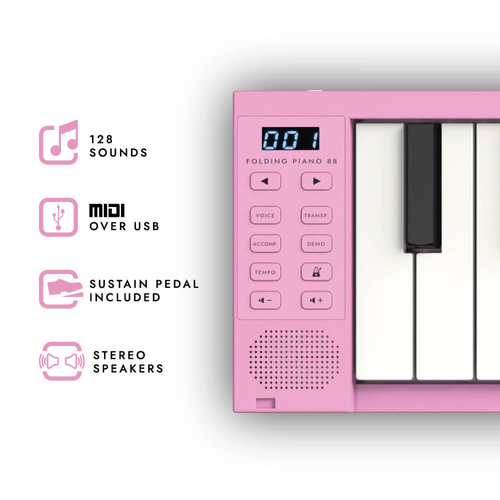 Carry-On Folding Piano 88 Keys Pink With Built-In Speakers
