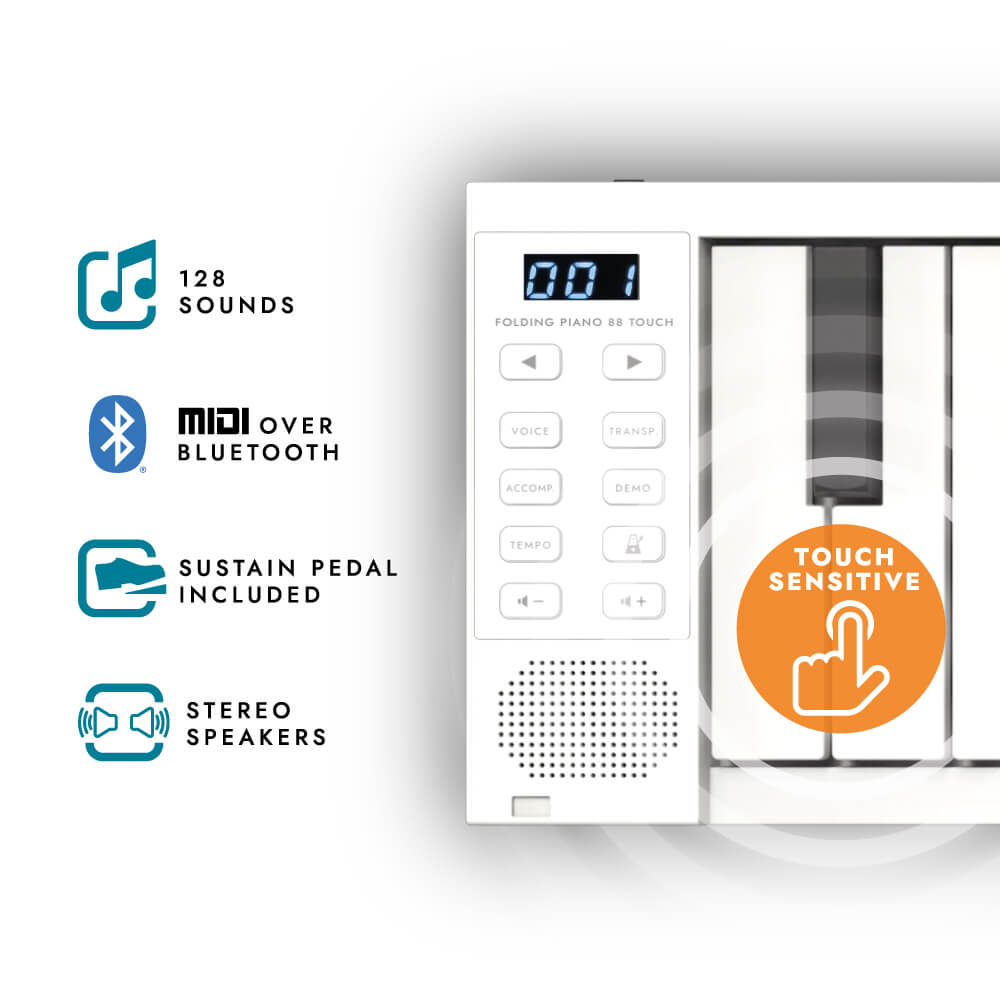 Carry-On Folding Piano 88 Keys Touch (Midi Over Bluetooth) With Built-In Speakers - White