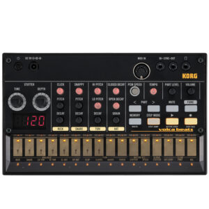 Analog Drum Machine with 16-step Sequencer, 10 Drum Parts, MIDI Input, Sync I/O, and Stutter Effect