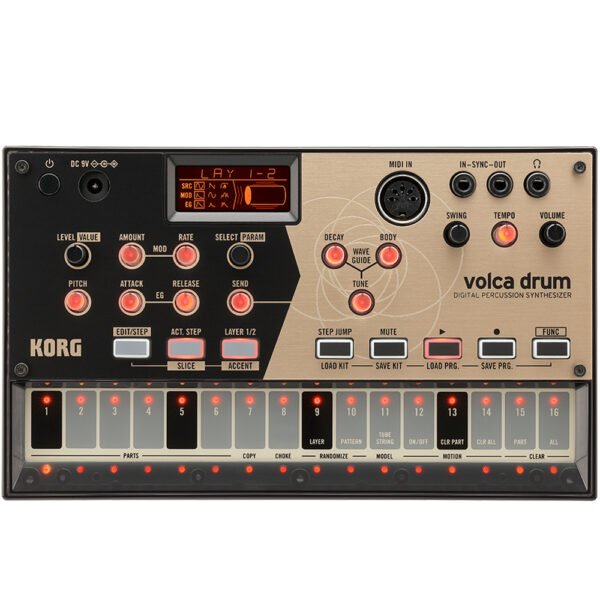 Drum Machine with 16-step Sequencer, 6 Dual-layer Drum Parts, MIDI Input, and Sync I/O