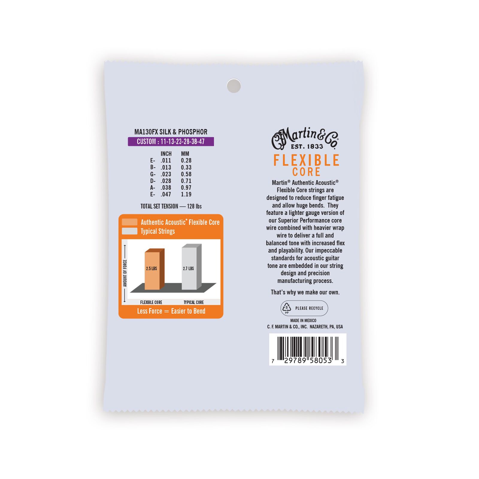 Martin MA130FX Authentic Flexible Core Silk & Phosphor Acoustic Guitar Strings - .011-.047 Custom Light