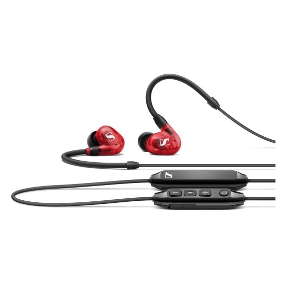 Sennheiser IE 100 Pro Wireless in-ear monitors in red, with detachable cable and Bluetooth neckband