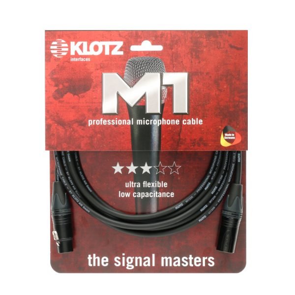 Black Klotz M1FM1N0500 M1 5-meter XLR cable with silver Neutrik male and female connectors, featuring a flexible 6.15 mm PVC jacket and professional-grade shielding for clear, noise-free audio transmission.