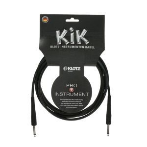 Black Klotz KIK3.0 3-meter instrument cable with straight 1/4-inch (6.35mm) TS jack connectors, coiled neatly with visible flexible PVC jacket and reinforced plugs.