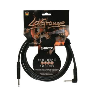 Black Klotz LAPR0300 LaGrange 3-meter instrument cable with one straight and one right-angled 1/4-inch (6.35mm) TS jack, coiled neatly with durable PVC jacket and premium Neutrik connectors.