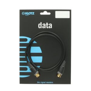 A black Klotz MID018 1.8 m MIDI cable featuring 5‑pin DIN male connectors at each end, coiled neatly with a durable PVC jacket and strain-relief boots on the connector ends.