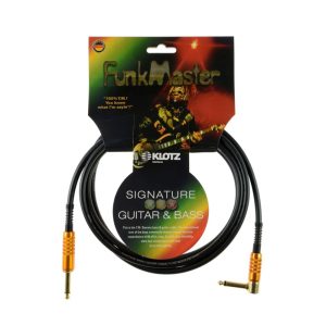 Black Klotz TMR0300 TM Stevens 3-meter instrument cable with one straight and one right-angled 1/4-inch (6.35mm) TS jack, featuring gold-plated connectors, anti-kink aluminium sleeves, and a durable, flexible PVC jacket.