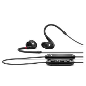 Sennheiser IE 100 Pro Wireless in-ear monitors in black, featuring a sleek design with detachable cable and neckba