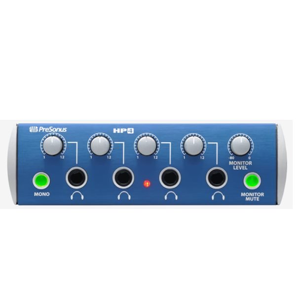 Front view of the PreSonus HP4 headphone amplifier featuring four independent volume knobs, headphone outputs, and a compact rack-mountable design
