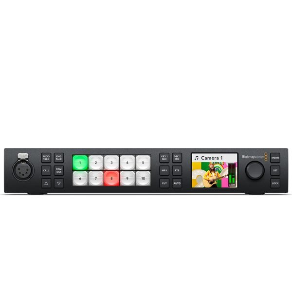 blackmagic-atem-1me-constellation-hd rack-mount broadcast switcher with LCD display, control buttons, and multiple SDI inputs and outputs for live production