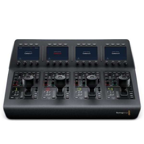professional broadcast camera control surface with precision joystick, smooth iris and focus wheels, and customizable buttons for live production switching