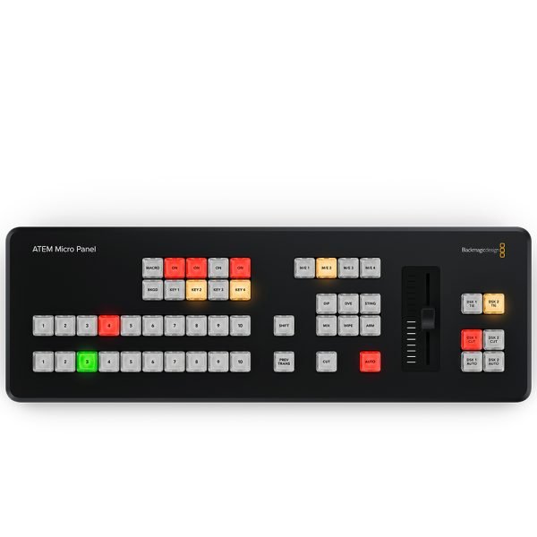 a compact professional hardware control panel with precision knobs, buttons, and faders for live video switching and color grading
