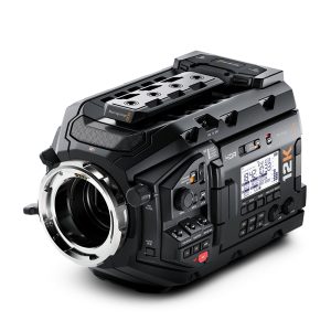 Blackmagic Design URSA Mini Pro 12K digital film camera, professional cinema camera with matte black body, large lens mount, control buttons, and fold-out LCD screen.