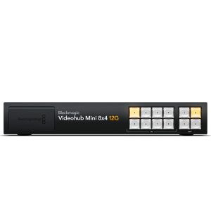 lackmagic Design Videohub Mini 8x4 12G video router, compact rack-mount unit with front panel LCD screen and control buttons