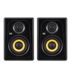 KRK Kreate 3 powered studio monitors, pair of professional black speakers with yellow Kevlar woofers, designed for music production and mixing