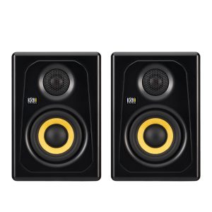krk-kreate-3-powered-studio-monitor-pair KRK Kreate 3 powered studio monitors, pair of professional black speakers with yellow Kevlar woofers, designed for music production and mixing
