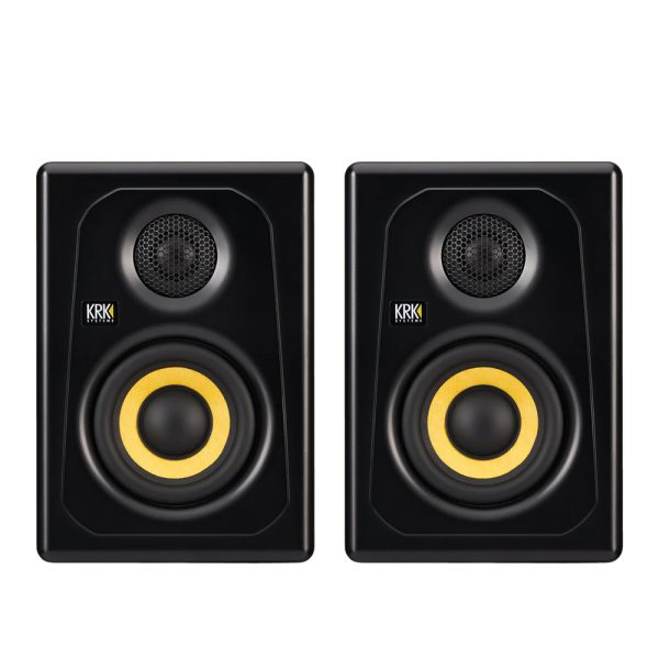 KRK Kreate 3 powered studio monitors, pair of professional black speakers with yellow Kevlar woofers, designed for music production and mixing