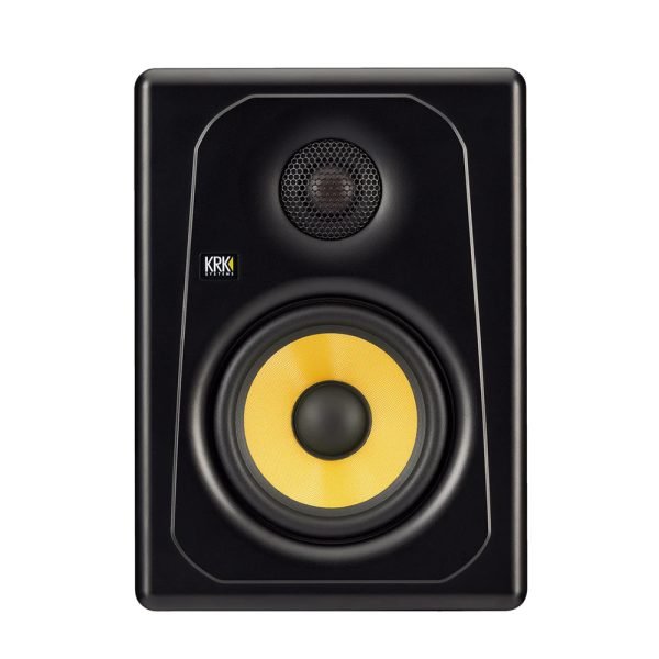 KRK Kreate 5 powered studio monitor in black with front-facing bass port and yellow Kevlar woofer