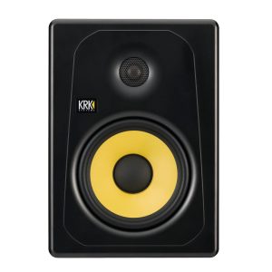 krk-kreate-8-powered-studio-monitor RK Kreate 8 powered studio monitor with sleek black cabinet, front-firing port, and iconic yellow woofer cone, designed for professional music production and mixing