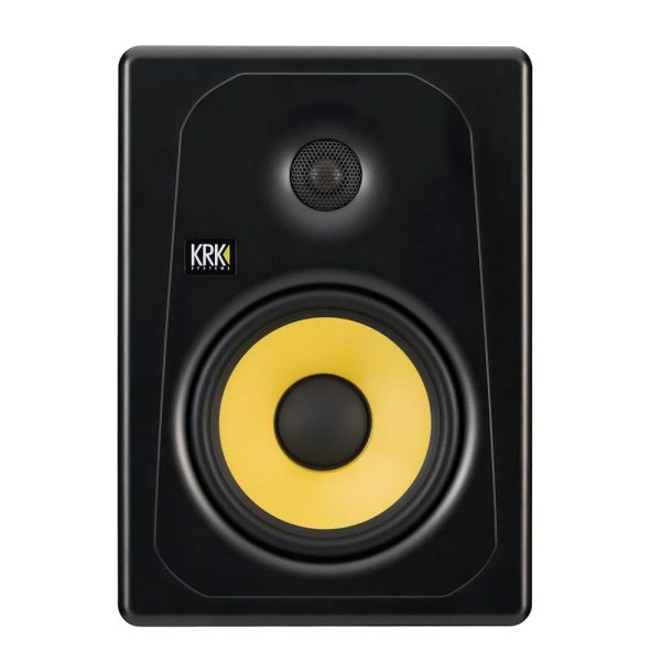 RK Kreate 8 powered studio monitor with sleek black cabinet, front-firing port, and iconic yellow woofer cone, designed for professional music production and mixing