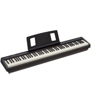 Roland FP-10 88-key digital piano in black, featuring full-size weighted keys, slim design, and built-in speakers