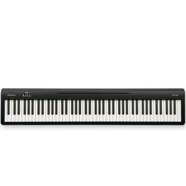 Roland FP-10 88-key digital piano in black, featuring full-size weighted keys, slim design, and built-in speakers