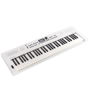 Roland GO:KEYS 5 digital keyboard in white, featuring 61 full-size keys, built-in speakers, and modern control panel