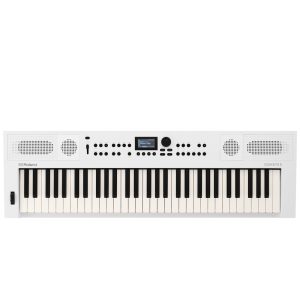 Roland GO:KEYS 5 digital keyboard in white, featuring 61 full-size keys, built-in speakers, and modern control panel