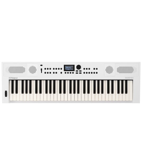 roland-go-key-5-keyboard-white Roland GO:KEYS 5 digital keyboard in white, featuring 61 full-size keys, built-in speakers, and modern control panel