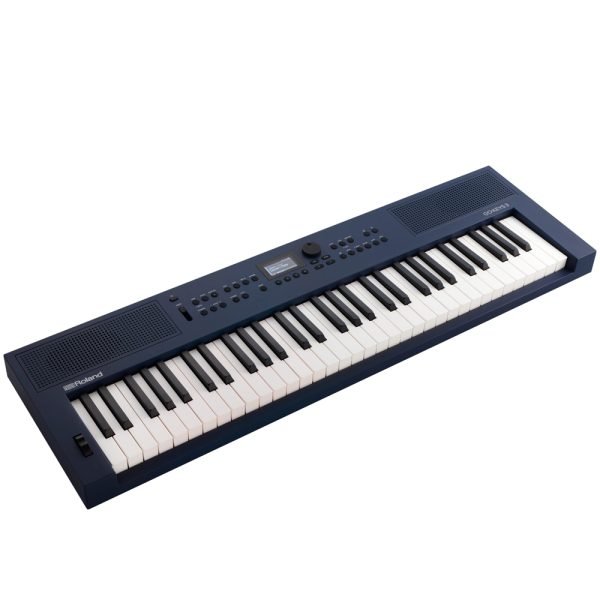 Roland GO:KEYS 3 digital keyboard in midnight blue finish, featuring 61 full-size keys, sleek control panel with backlit buttons, and compact portable design