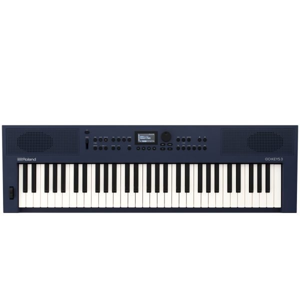 Roland GO:KEYS 3 digital keyboard in midnight blue finish, featuring 61 full-size keys, sleek control panel with backlit buttons, and compact portable design