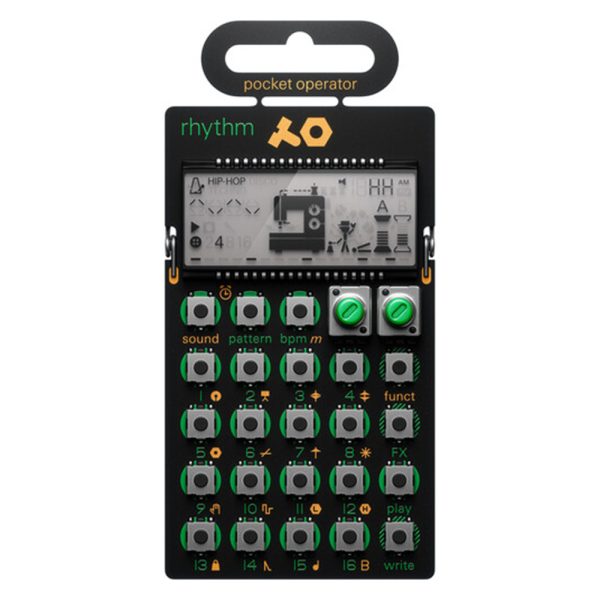 Teenage Engineering PO-12 Rhythm portable drum machine and sequencer, showing compact design with buttons and display screen