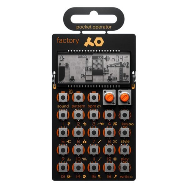 Teenage Engineering PO-16 Factory portable synthesizer and sequencer, showing compact design with buttons and screen.