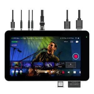 Compact YoloLiv YoloBox Mini portable live-streaming studio and recorder, shown from an angled front view with its 5.5-inch touchscreen displaying a multi-camera streaming interface.