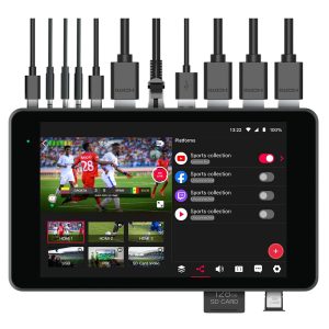 compact all-in-one device with 8-inch touchscreen, multiple HDMI inputs, and built-in encoder for multi-platform streaming