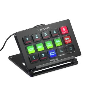 compact black tabletop switcher with multiple programmable buttons and knobs for live streaming control