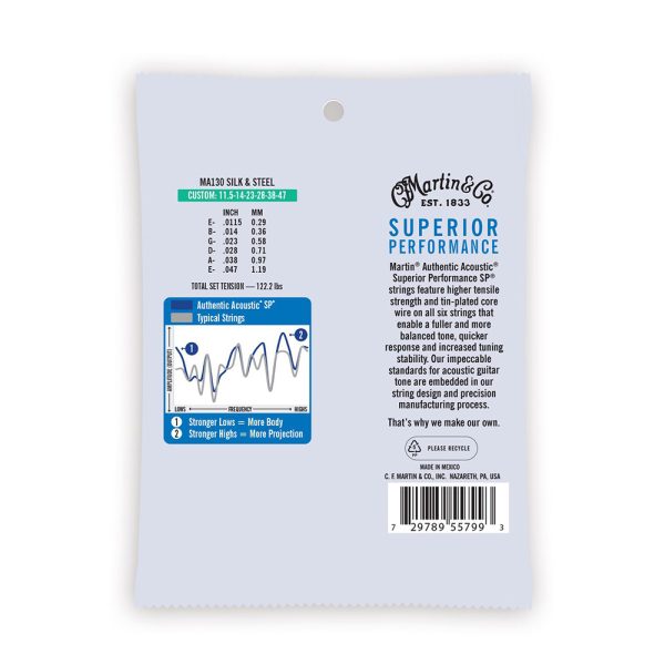 Martin MA130 Authentic Acoustic Superior Performance Silk and Steel Guitar Strings - .0115-.047 Custom